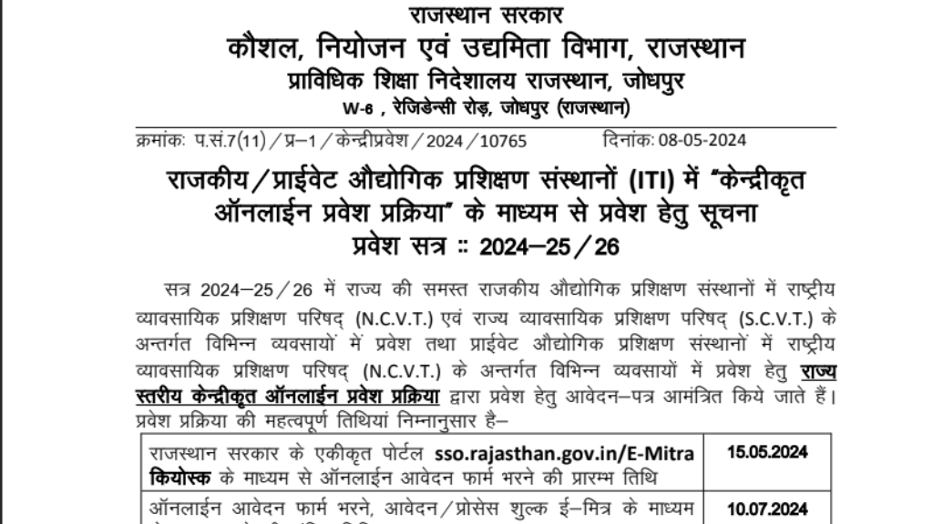 Rajasthan ITI Admission Form 2024